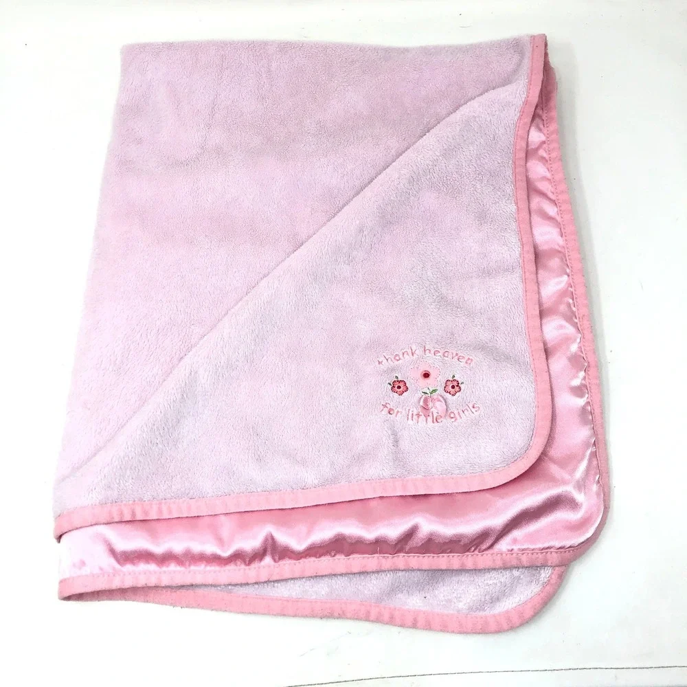 Carters Thank Heaven For Little Girls Baby Blanket Pink Satin Trim Flowers